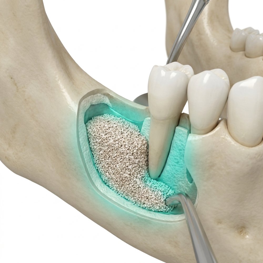 Ilustração 3D de enxerto ósseo dentário em mandíbula